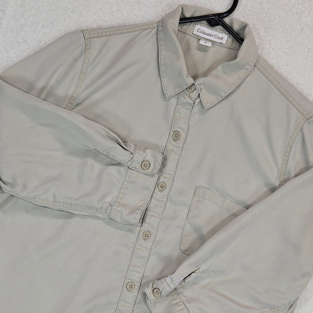 Coldwater Creek Button Up Shirt Womens M Beige Tan 3/4 Sleeve‎ Safari Casual Top